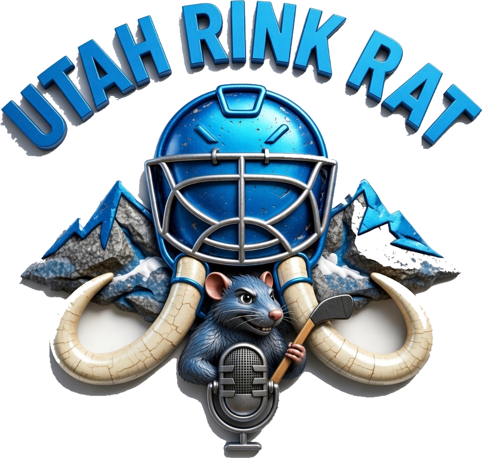 Utah Rink Rat Podcast emblem: a blue goaltender mask above crossed mammoth tusks and the Wasatch peaks, with a rat holding a hockey stick standing behind a vintage microphone.